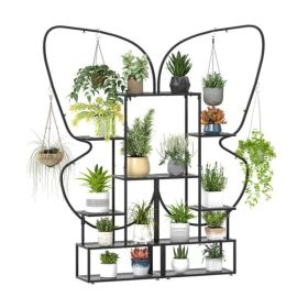 6-Tier Butterfly Shape Metal Plant Stand 2-Pack with Hanging Hooks Adjustable Foot Pads Black