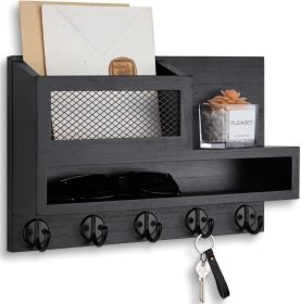 Key and Mail Holder Wall Mount, Key Hanger with Long Storage Box and 5 Hooks for Coat, Dog Leash, Home Decor Rack, House Accessories