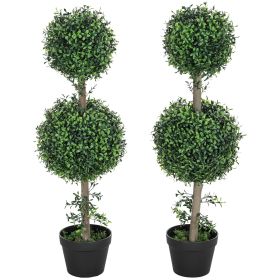 Set of 2 Artificial Ball Boxwood Topiary Trees, Fake Plants in Pot for Indoor Outdoor Living Room Green